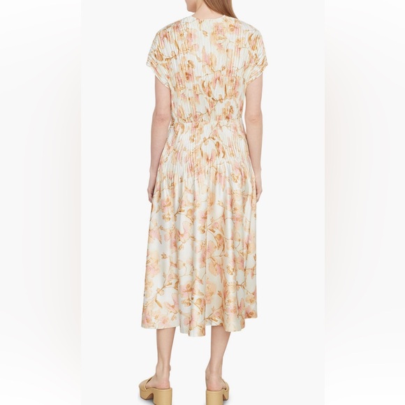 VINCE FLORAL CRUSHED SATIN DRESS Color soil Midi Dress in Cream and Pink size XL - Picture 4 of 10
